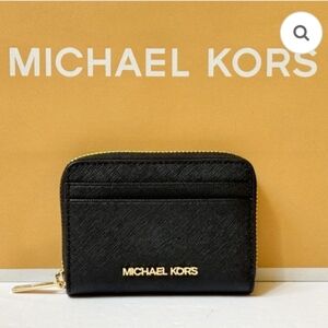 Michael Kors Jet Set Women Medium Zip Around Card Case Coin Pouch Wallet Black